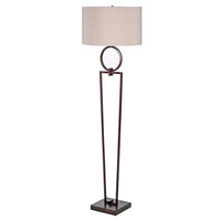 Tall bronze coloured 'loop' floor lamp with beige shade.