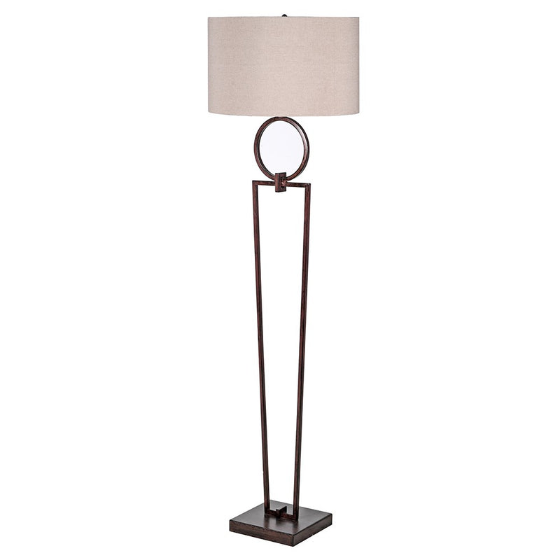 Tall bronze coloured 'loop' floor lamp with beige shade.