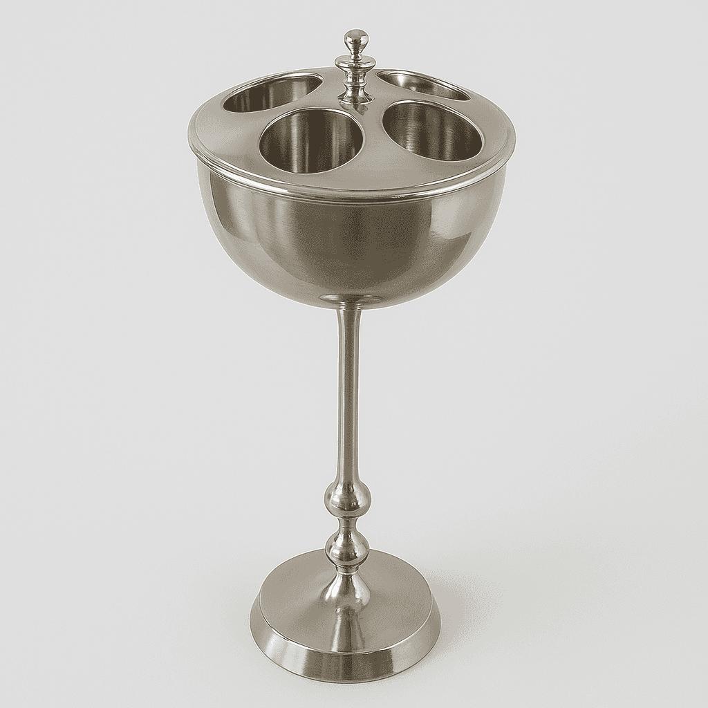 This elegant floor-standing wine cooler holds up to four bottles, keeping your favourite wines perfectly chilled and within easy reach. Crafted from durable nickel with a sleek polished finish, it features a stable pedestal base and removable top for easy serving. Ideal for home bars, dining rooms, or entertaining spaces, this 4-bottle wine cooler combines functionality with timeless style - a perfect addition for any wine enthusiast. A luxurious accessory for your dining table.