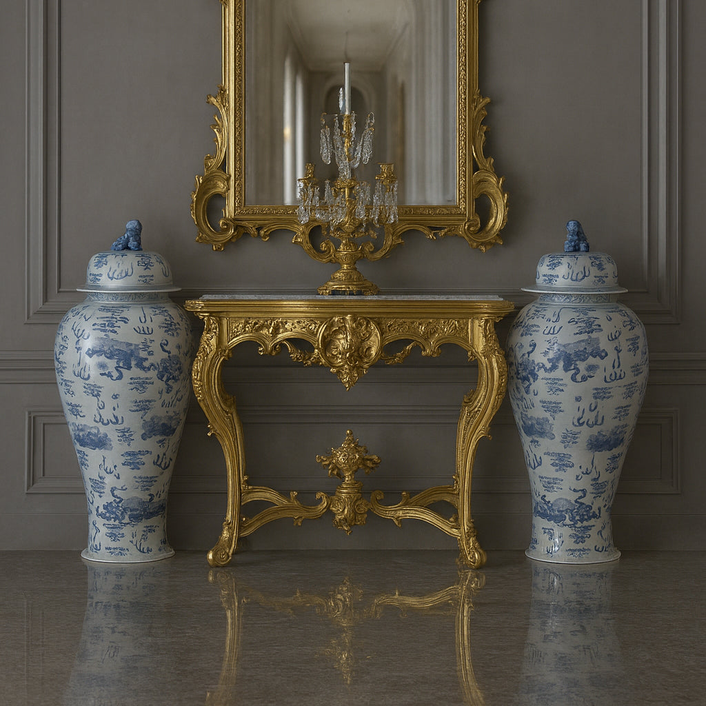 These oversize Ginger Jars are decorated in the typical Chinese style, mythical dragons, lions and other creatures. These Ginger Jars are typical blue and white porcelain and are constructed in the original heavy duty porcelain to add to the authentic look. Perfect for a large hallway, on plinths or a console table in your living room, striking either side of a large fireplace.&nbsp; A great country house piece, these Ginger Jars would&nbsp; look just as amazing as a center piece in a contemporary setting, 