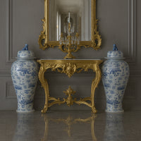 These oversize Ginger Jars are decorated in the typical Chinese style, mythical dragons, lions and other creatures. These Ginger Jars are typical blue and white porcelain and are constructed in the original heavy duty porcelain to add to the authentic look. Perfect for a large hallway, on plinths or a console table in your living room, striking either side of a large fireplace.&nbsp; A great country house piece, these Ginger Jars would&nbsp; look just as amazing as a center piece in a contemporary setting, 