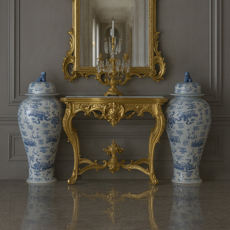 These oversize Ginger Jars are decorated in the typical Chinese style, mythical dragons, lions and other creatures. These Ginger Jars are typical blue and white porcelain and are constructed in the original heavy duty porcelain to add to the authentic look. Perfect for a large hallway, on plinths or a console table in your living room, striking either side of a large fireplace.&nbsp; A great country house piece, these Ginger Jars would&nbsp; look just as amazing as a center piece in a contemporary setting, 