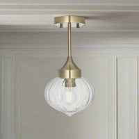 Brass Ribbed Glass Flush Ceiling Pendant H35 W20cm