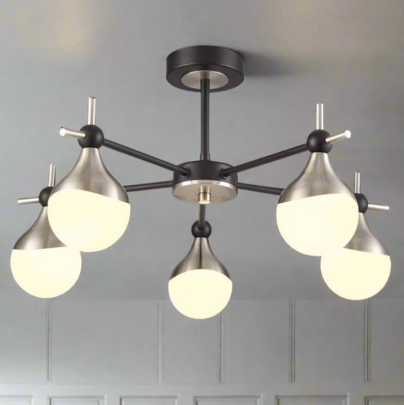 A five light nickel and opaque glass globe light, semi-flush on a back and nickel fixture, stunning mix of colours, for both contemporary and classic settings.&nbsp; A perfect sitting room light and great in any room with a lower ceiling height.&nbsp; These work well in an office or library, small bedroom, perfect over a dining table

H: 29 cm&nbsp; &nbsp;W: 52 cm&nbsp;