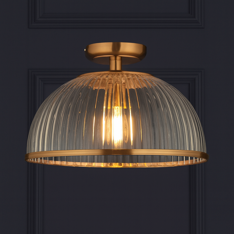 Ribbed Glass & Gilt Mounted Flush Light