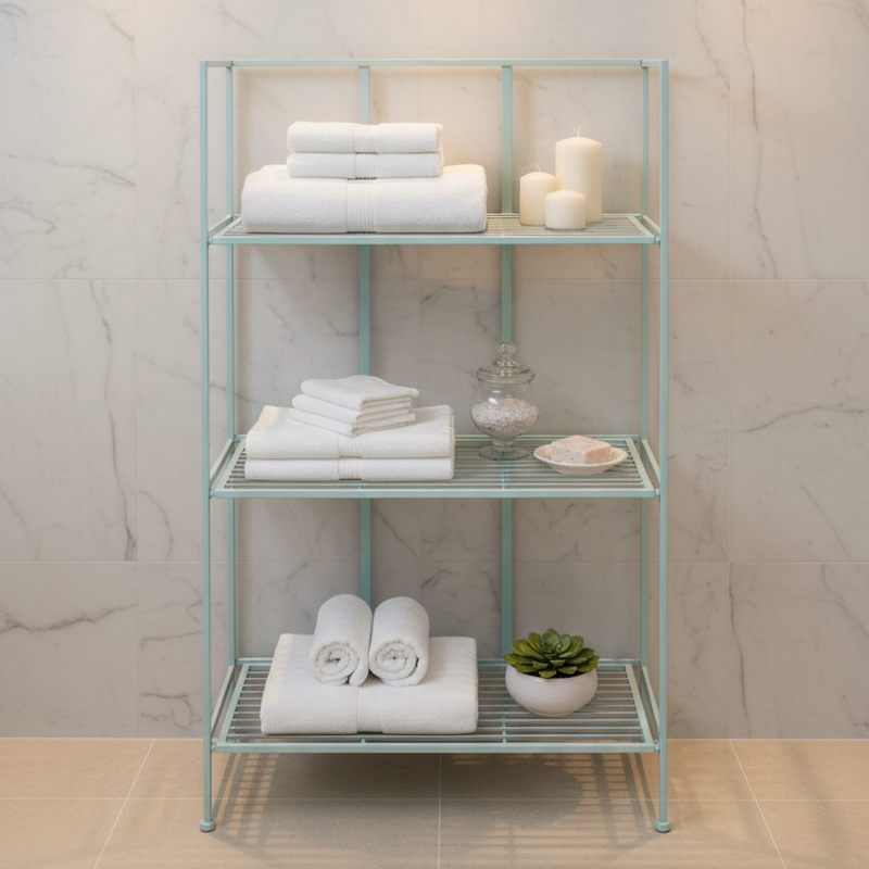 Folding Shelf Unit with Three Shelves in a bathroom with toiletries 