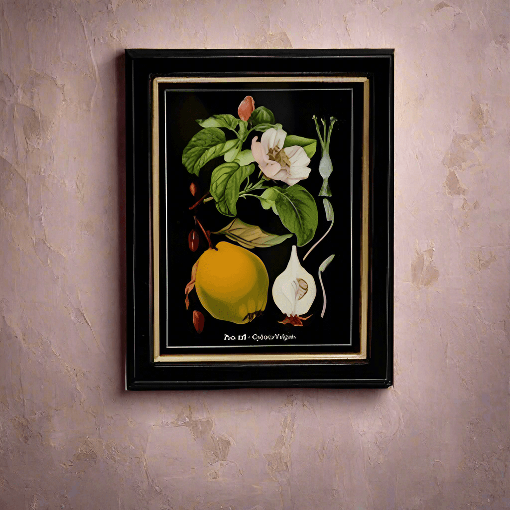 Shop small quince fruit and flower print, 20x25cm. Perfect wall decor addition with classic frame. Elevate interiors with this stylish art piece.