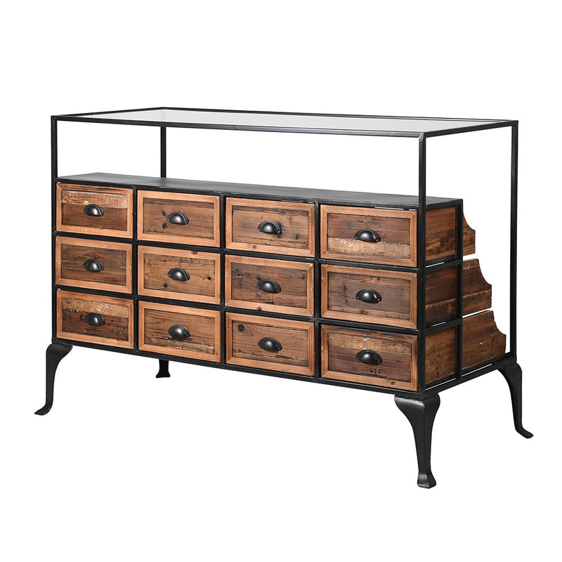 A great piece of furniture for a shop or in your dressing room. A vintage feel with the wooden drawers set in a metal and glass frame, unusual and so useful.