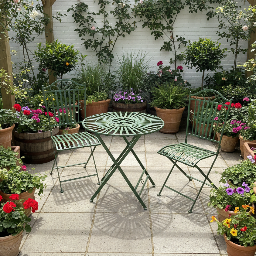 Green iron garden furniture table and two chairs, fully folding. Perfect size for a smaller garden and perfect for a patio or balcony