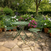 Green iron garden furniture table and two chairs, fully folding. Perfect size for a smaller garden and perfect for a patio or balcony