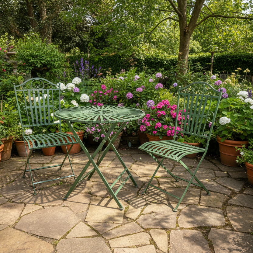 Green iron garden furniture table and two chairs, fully folding. Perfect size for a smaller garden and perfect for a patio or balcony