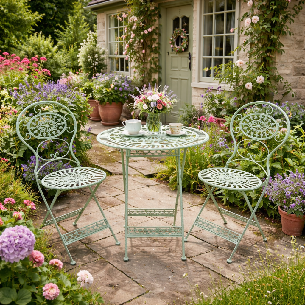 Green iron garden furniture table and two chairs, fully folding for easy winter storage. The set is the perfect size for a smaller garden and perfect for a patio or balcony