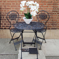 The three piece set is a perfect size for a smaller garden and great on a patio or balcony. Enjoy al fresco dining with this bistro set.
