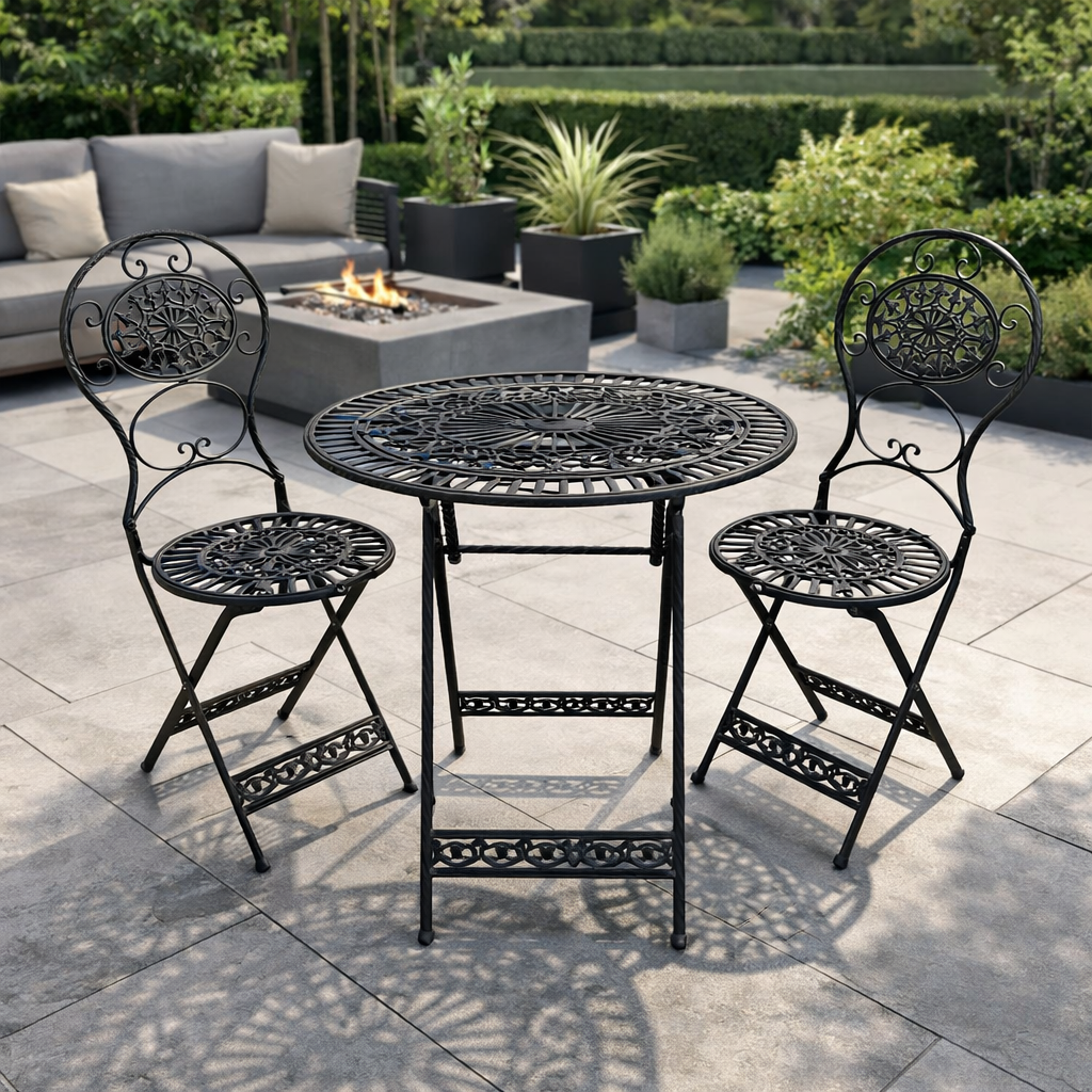 The three piece set is a perfect size for a smaller garden and great on a patio or balcony. Enjoy al fresco dining with this bistro set.