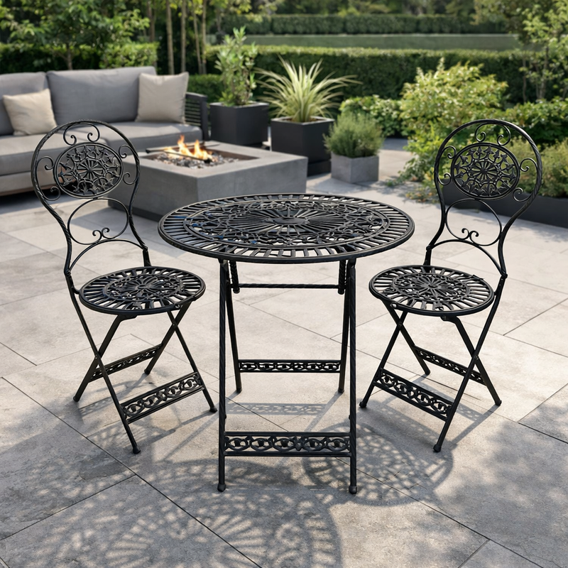 The three piece set is a perfect size for a smaller garden and great on a patio or balcony. Enjoy al fresco dining with this bistro set.