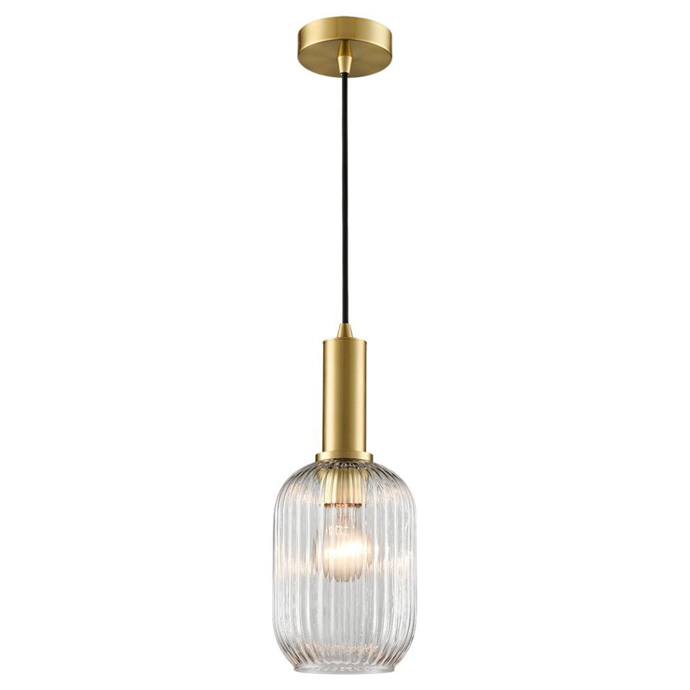 Clear, ribbed glass pendant with tall gilt metal fitting, a statement look in a smaller size. The stylish metalwork on this ribbed glass pendant lifts it to another level of style.