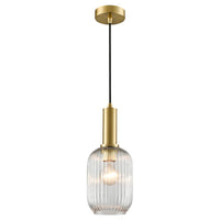 Clear, ribbed glass pendant with tall gilt metal fitting, a statement look in a smaller size. The stylish metalwork on this ribbed glass pendant lifts it to another level of style.