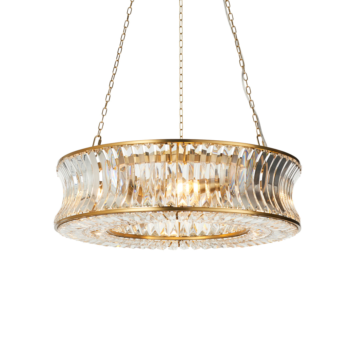 Gilt metal chandelier with concave crystal design and adjustable height, ideal for modern interiors. Elegant crystal chandelier for home lighting décor.