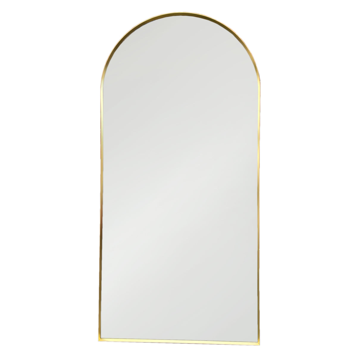 Gold arched mirror with a slimline profile.  Contemporary, sleek, minimalist mirror.  Tall and wide a perfect full length dressing mirror or statement to make on any wall.