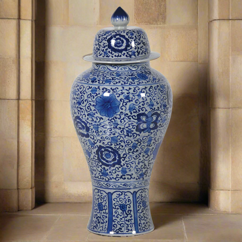 Exceptionally tall blue and white Ginger Jar.Floor standing jars perfect as a pair by the entrance doors. Ginger jars are a Country House staple and give the look of grandeur to any home. A classic in any interior.