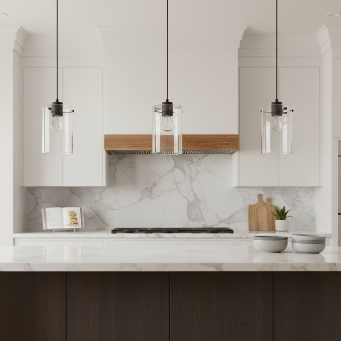 Featuring a clear cylindrical glass shade that allows the warm glow of an Edison-style bulb to shine through, this pendant is ideal above a kitchen island combined.