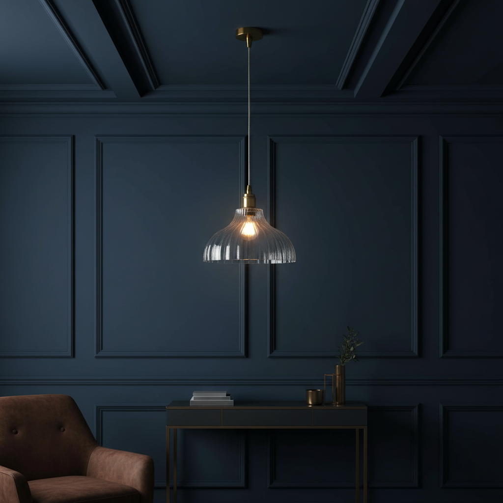 Ribbed glass and brass metalwork pendant light.
Unusual ribbed light, disperses light softly in your space, ideal hall light or in a kitchen, over an island, a versatile light to suit any decor.