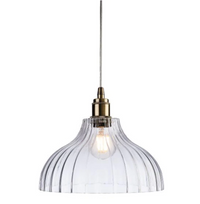 Ribbed glass and brass metalwork pendant light.
Unusual ribbed light, disperses light softly in your space, ideal hall light or in a kitchen, over an island, a versatile light to suit any decor.