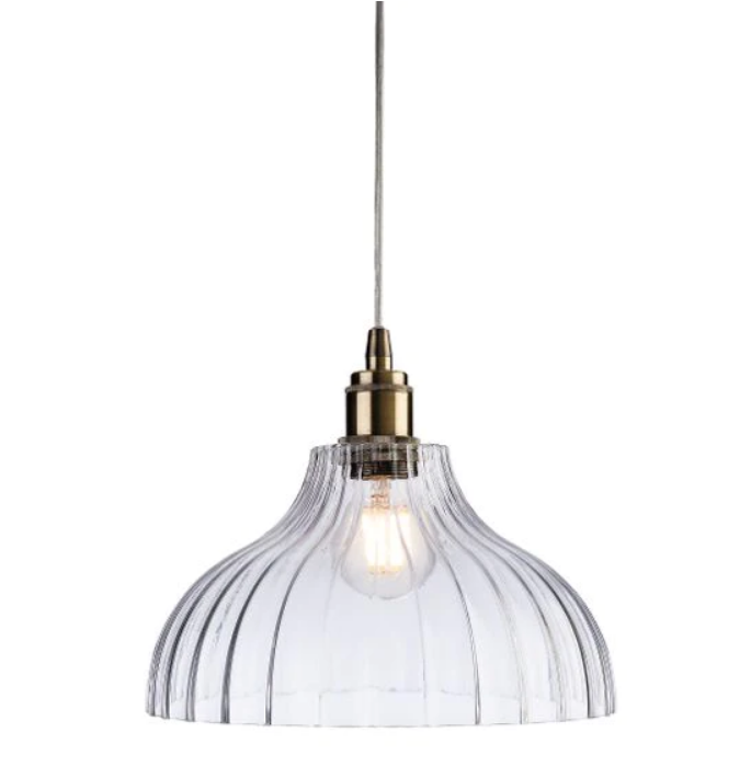 Ribbed glass and brass metalwork pendant light.
Unusual ribbed light, disperses light softly in your space, ideal hall light or in a kitchen, over an island, a versatile light to suit any decor.