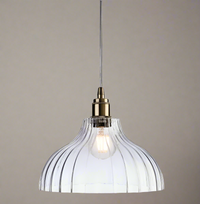 Ribbed glass and brass metalwork pendant light.
Unusual ribbed light, disperses light softly in your space, ideal hall light or in a kitchen, over an island, a versatile light to suit any decor.