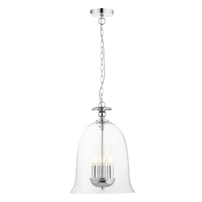 Glass 'bell' shaped pendant with three bulbs. A different take on a lantern for your hall, stairwell or any room in your house. A beautiful shape.