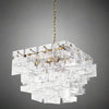 A statement chandelier made up of textured glass links resembling thick frosted crystal.&nbsp; &nbsp;The links are laid out in an overlapping layers, supported on a meal frame of antique gold providing a warm contrast to the cool, clear glass.&nbsp; Suspended on a chunky chain from a metal ceiling rose, the chandelier requires E14 bulb to give the radiant, ambient glow.&nbsp; Ideal for a foyer, living room or dining room .

H:&nbsp; 50 cm W: 75 cm&nbsp; D 75 cm&nbsp;