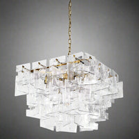 A statement chandelier made up of textured glass links resembling thick frosted crystal.&nbsp; &nbsp;The links are laid out in an overlapping layers, supported on a meal frame of antique gold providing a warm contrast to the cool, clear glass.&nbsp; Suspended on a chunky chain from a metal ceiling rose, the chandelier requires E14 bulb to give the radiant, ambient glow.&nbsp; Ideal for a foyer, living room or dining room .

H:&nbsp; 50 cm W: 75 cm&nbsp; D 75 cm&nbsp;