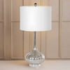 Perfect aged, mercury glass lamp base with a white circular shade, great bedroom or sitting room light. A fantastic ethereal look, with a tinted bulb glowing onto the glass base - stunning !!!!