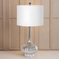 Perfect aged, mercury glass lamp base with a white circular shade, great bedroom or sitting room light. A fantastic ethereal look, with a tinted bulb glowing onto the glass base - stunning !!!!