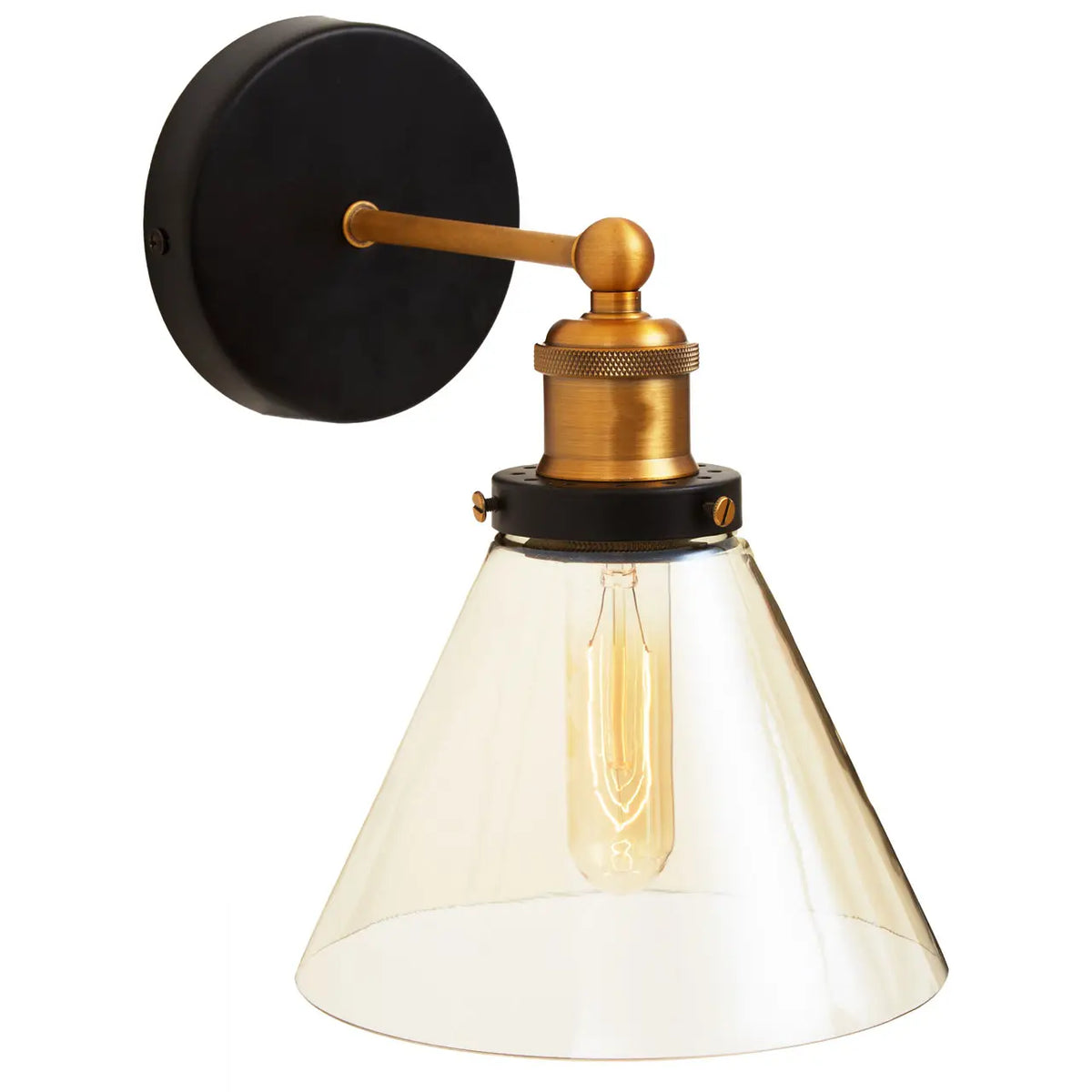 Glass wall light on a black bracket with gilt metal accents, A great, industrial style wall light, glass so gives a lot of light, with a beautiful rubbed gilt holder and matte black wall rose.