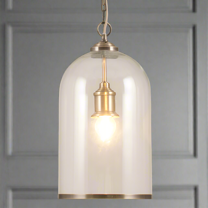 A great glass pendant with Brass or Nickel rim at the Base and same colour ceiling rose. Perfect hall light