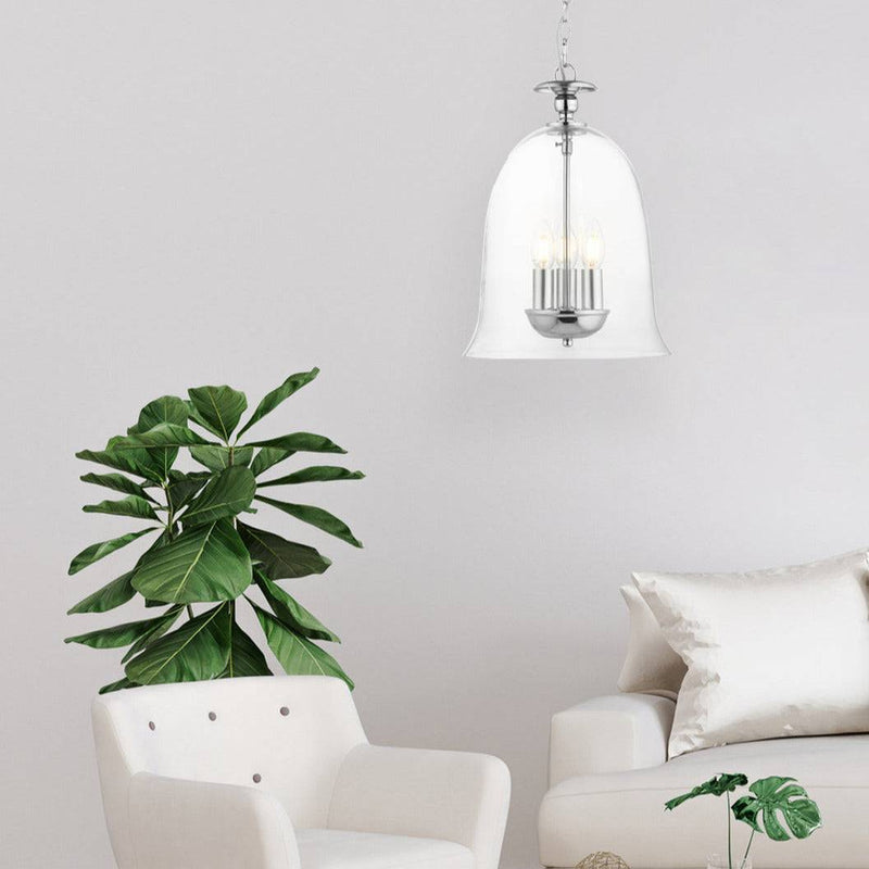 Glass 'bell' shaped pendant with three bulbs. A different take on a lantern for your hall, stairwell or any room in your house. A beautiful shape.