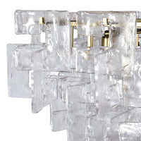 A statement chandelier made up of textured glass links resembling thick frosted crystal.&nbsp; &nbsp;The links are laid out in an overlapping layers, supported on a meal frame of antique gold providing a warm contrast to the cool, clear glass.&nbsp; Suspended on a chunky chain from a metal ceiling rose, the chandelier requires E14 bulb to give the radiant, ambient glow.&nbsp; Ideal for a foyer, living room or dining room .

H:&nbsp; 50 cm W: 75 cm&nbsp; D 75 cm&nbsp;