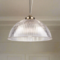 Antique Brass & Ribbed Glass Pendant Light - 32cm