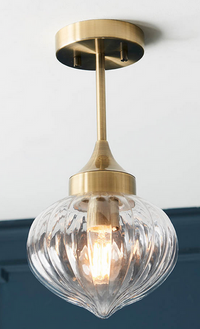 Brass Ribbed Glass Flush Ceiling Pendant H35 W20cm