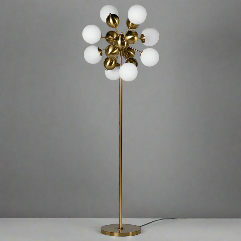 Tall brass floor lamp with 8 opaque globe lights, an exceptional design led lamp for your living room.&nbsp;