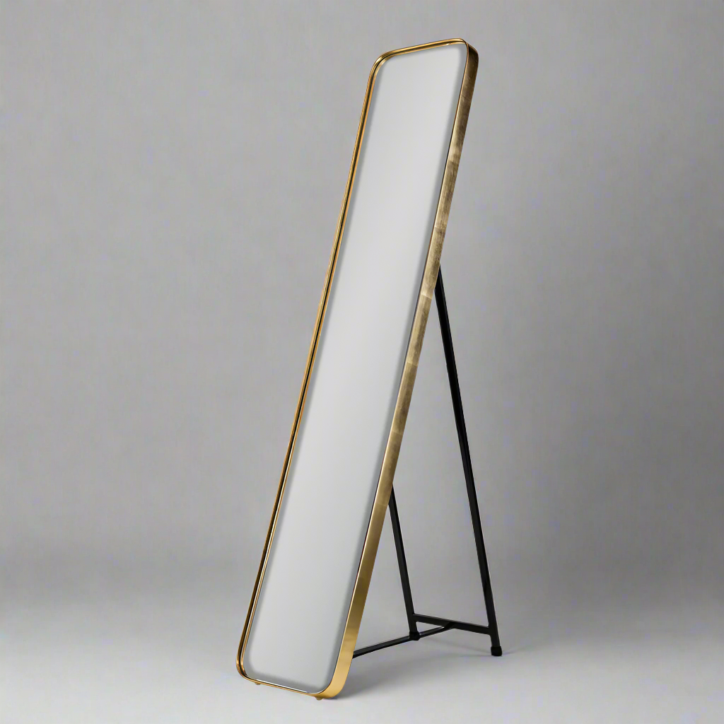 Slim, tall dressing mirror. Has a stand for use as dressing mirror or can be wall hung. This slimline mirror is perfect for even the smallest bedroom.