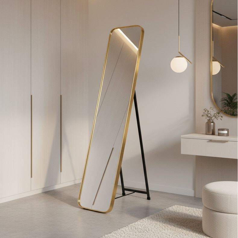 Slim, tall dressing mirror. Has a stand for use as dressing mirror or can be wall hung. This slimline mirror is perfect for even the smallest bedroom