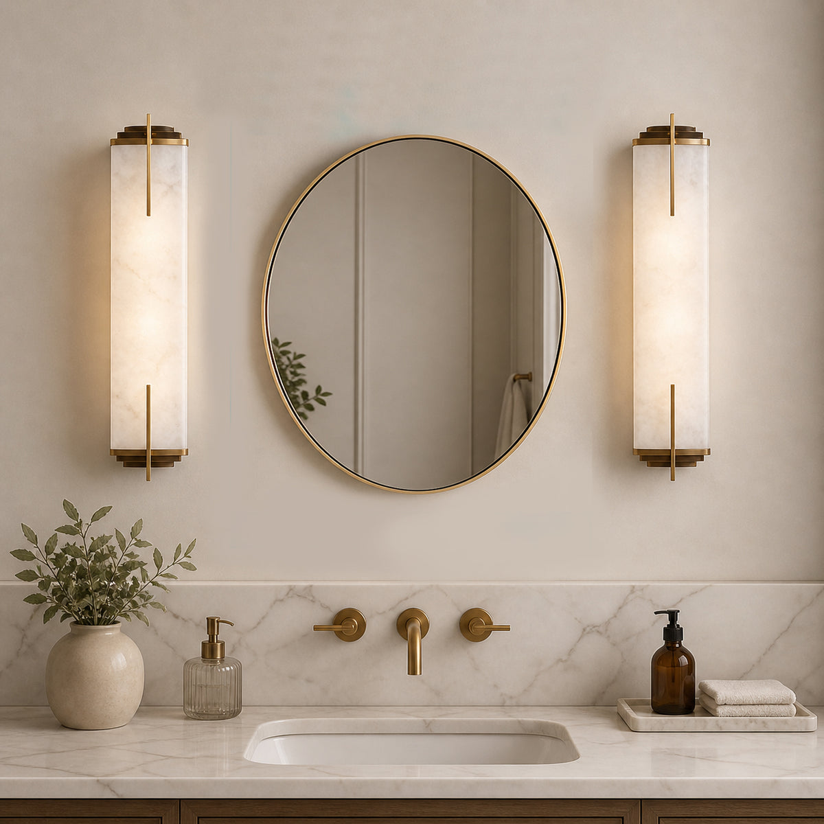 Gilt oval mirror between two art deco bathroom lights, over a marble sink in a classic bathroom.