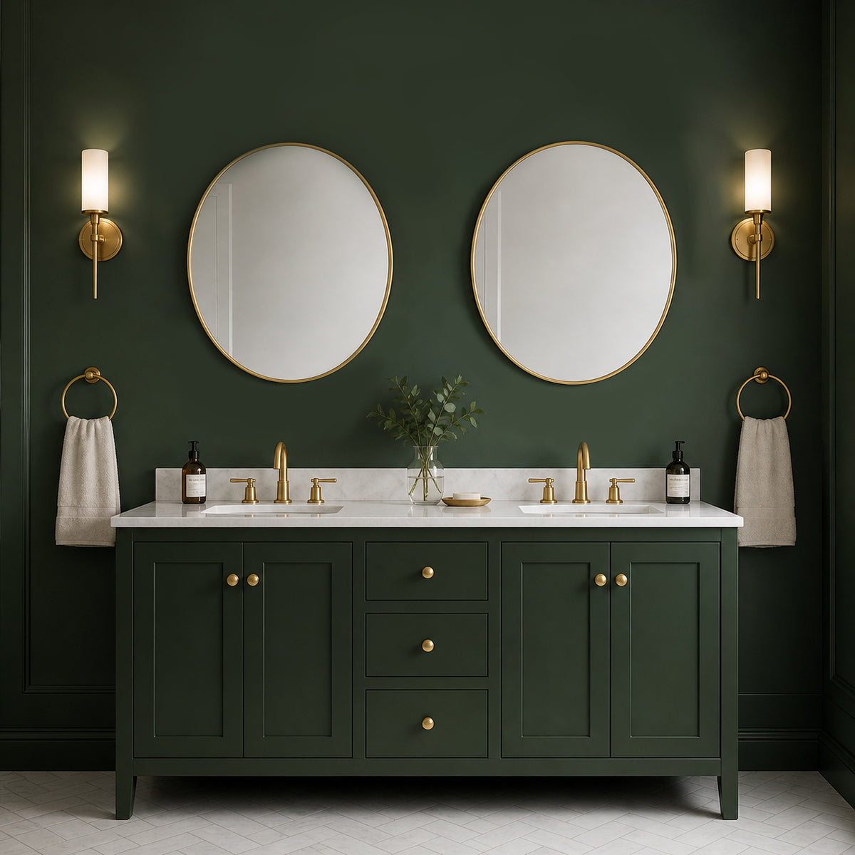 Two oval gilt framed mirrors above a double sink unit in a deep olive coloured bathroom. 