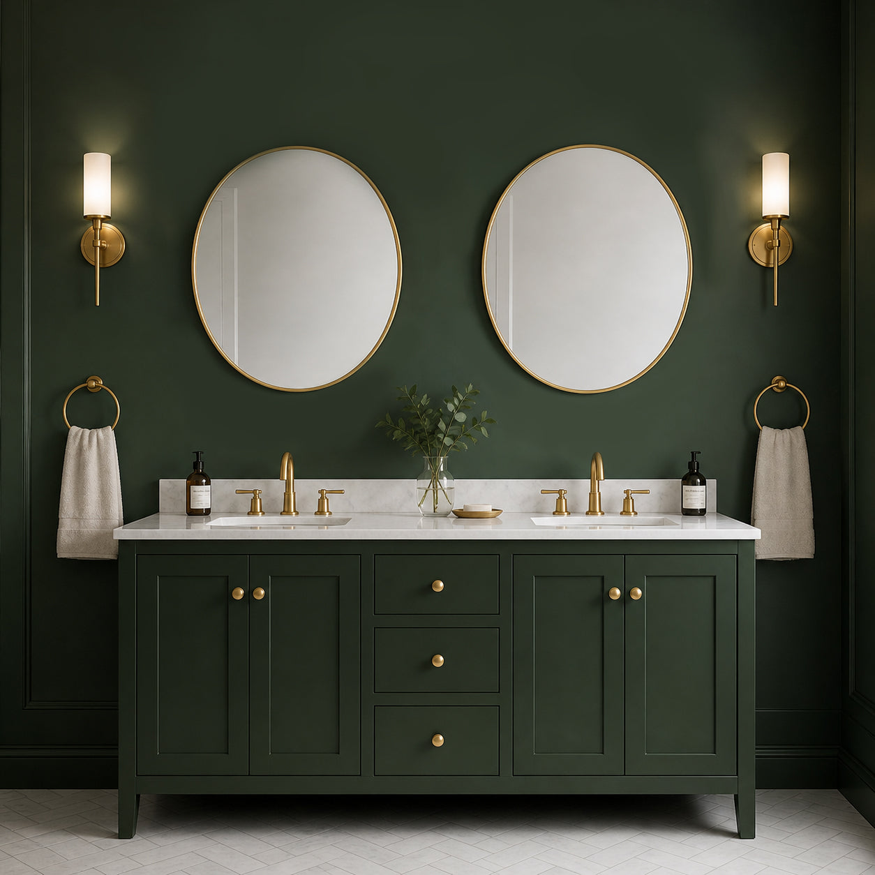 Two oval gilt framed mirrors above a double sink unit in a deep olive coloured bathroom. 