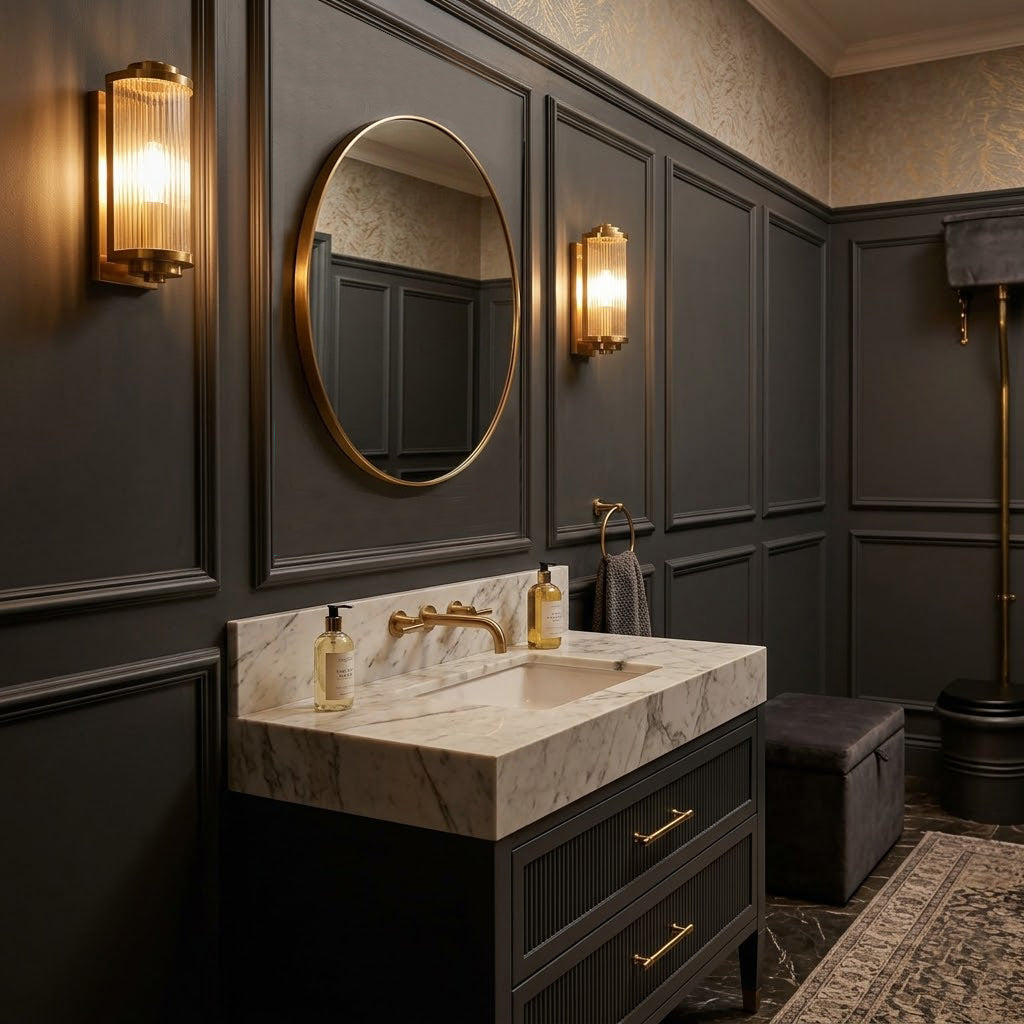 gold oval mirror in a small grey painted classic cloakroom.