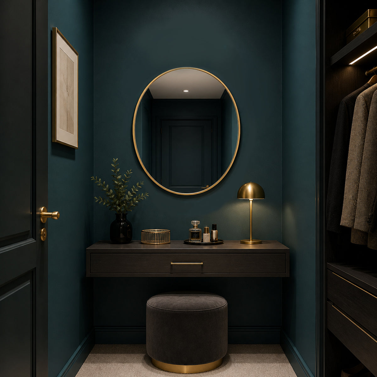 Gilt oval mirror in a cloakroom setting, dark teal painted walls with dressing table and lights.