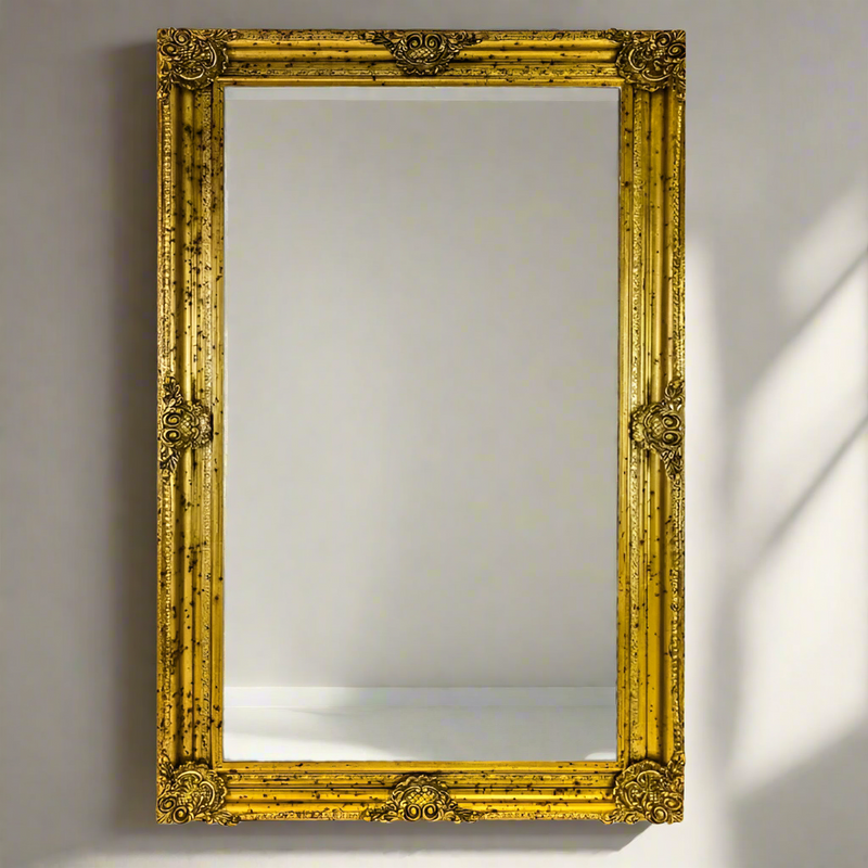 Extremely large, ornate gold framed mirror. A really grand, traditional look. The unique size of this massive mirror will add an enormous amount of light to your wall.&nbsp; This 'Louis' style of mirror adds an air of grandeur to a period home or leant against a wall in a contemporary hall, bedroom or living space.


H: 240 cm W:&nbsp;150 cm&nbsp;D: 10 cm