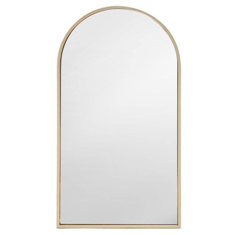 Gold thin frame arched mirror with a sleek contemporary design, measuring 90cm. Perfect for modern home decor, now on clearance.